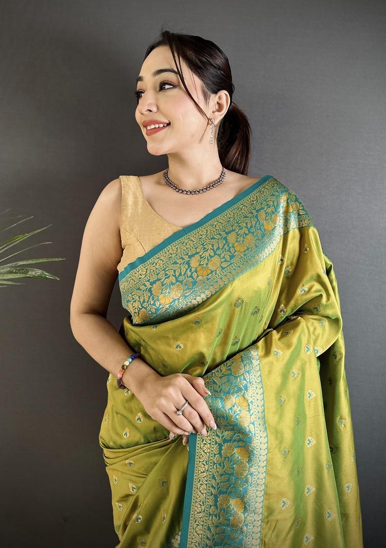 Pista Green Motif Silk Saree Set - Indya