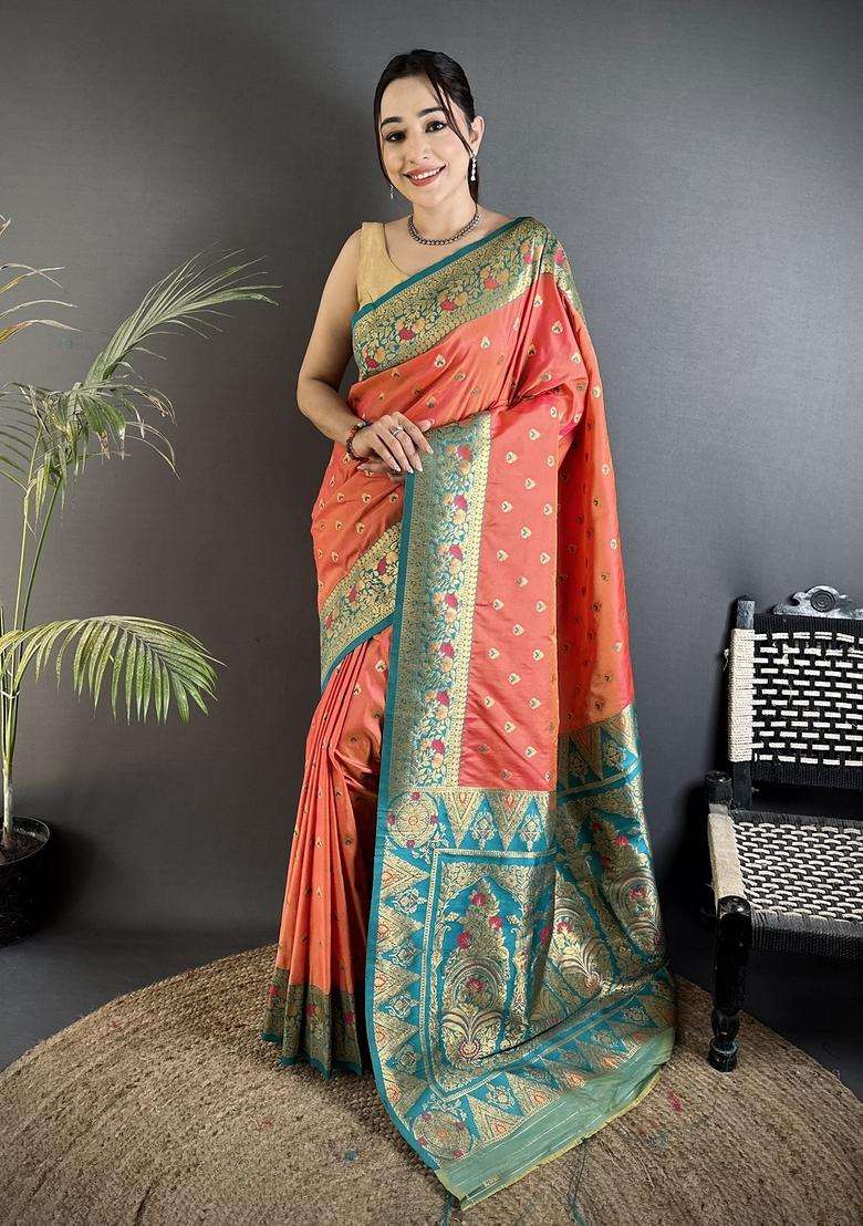 Coral Pink Motif Silk Blend Saree Set for Diwali | Wedding & Festive Wear - Indya