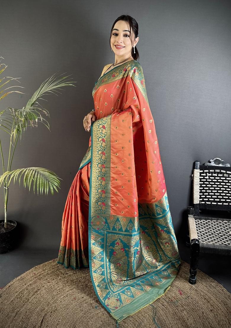 Coral Pink Motif Silk Saree Set - Indya