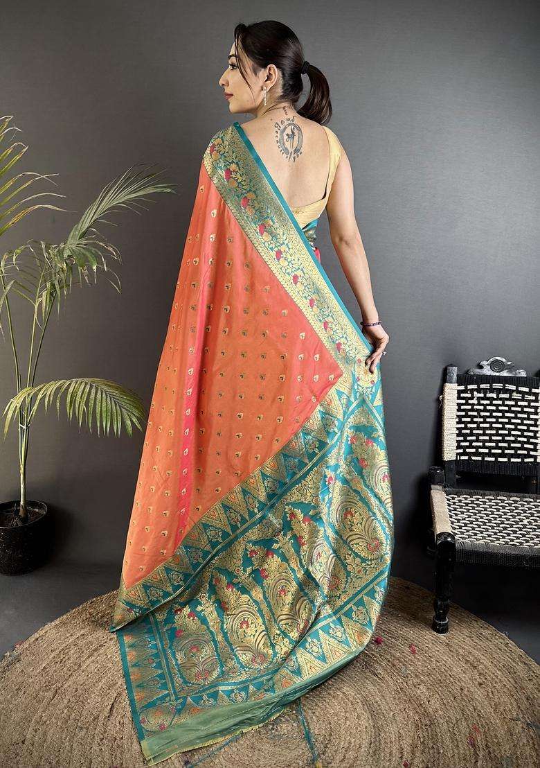 Coral Pink Motif Silk Blend Saree Set for Diwali | Wedding & Festive Wear - Indya