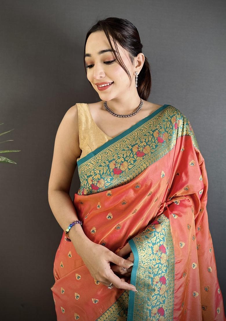 Coral Pink Motif Silk Saree Set - Indya