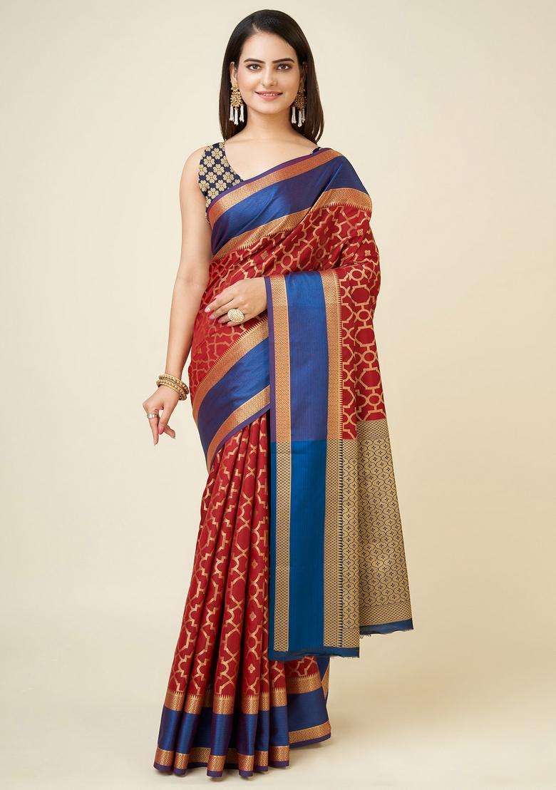 Red Woven Silk Blend Saree Set for Diwali and Festive Wear - Indya