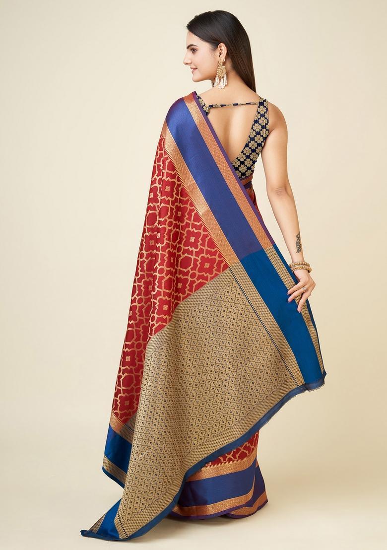 Red Woven Silk Saree Set - Indya