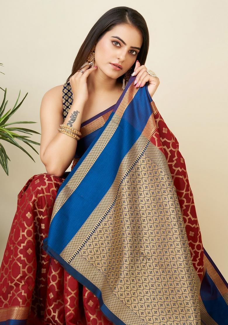 Red Woven Silk Saree Set - Indya