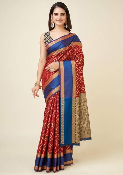Red Woven Silk Saree Set