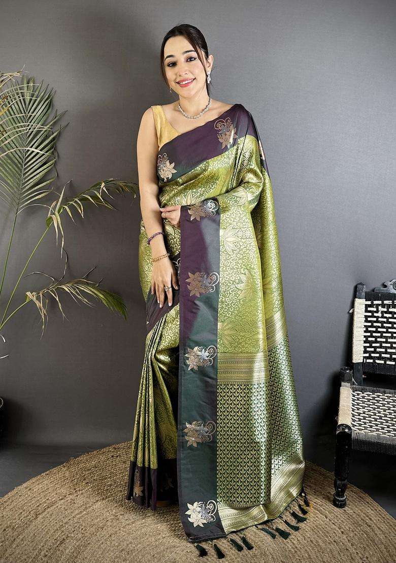 Olive Green Zari Weaving Silk Blend Saree Set for Diwali and Festive Wear - Indya