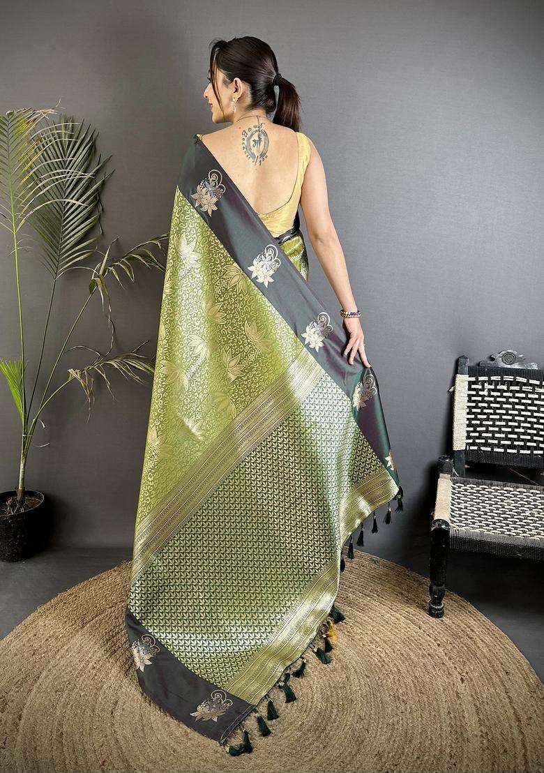 Olive Green Zari Weaving Silk Blend Saree Set for Diwali and Festive Wear - Indya