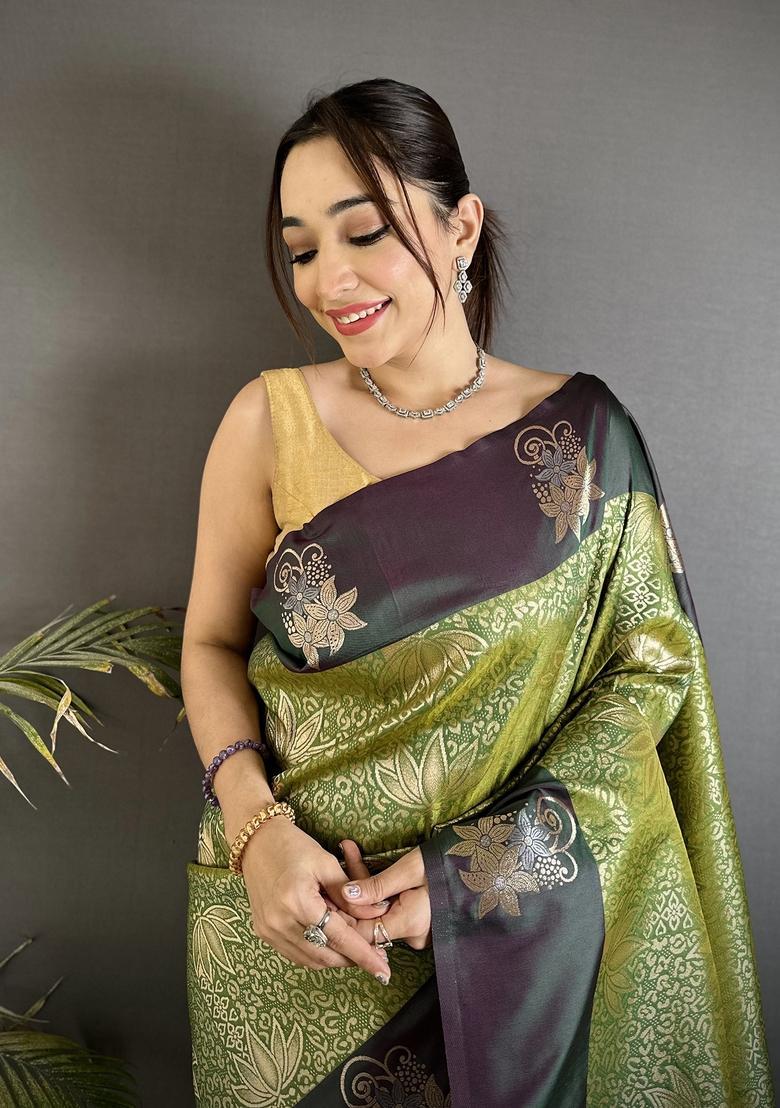 Olive Green Zari Weaving Silk Saree Set - Indya