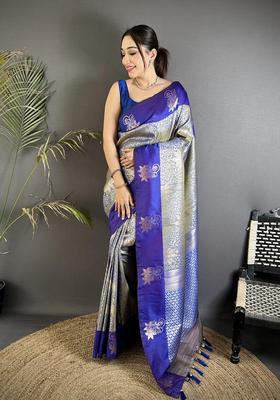 Grey Zari Weaving Silk Saree Set