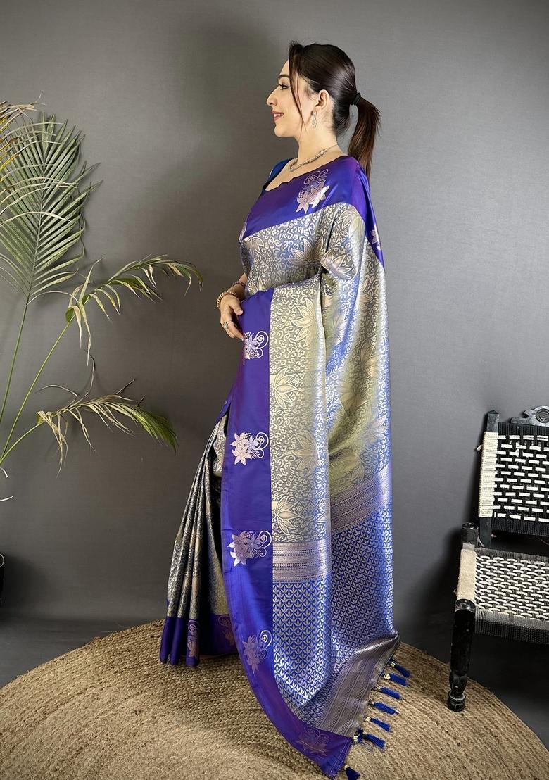 Grey Zari Weaving Silk Saree Set - Indya