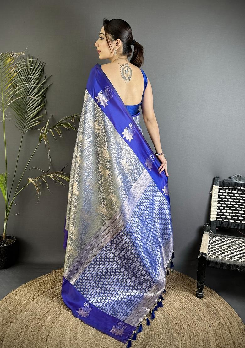 Grey Zari Weaving Silk Saree Set - Indya