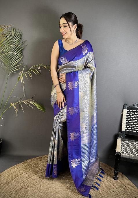 Grey Zari Weaving Silk Saree Set