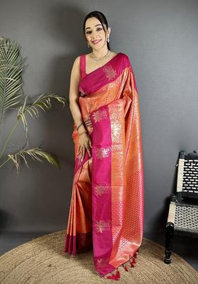 Orange Zari Weaving Silk Saree Set