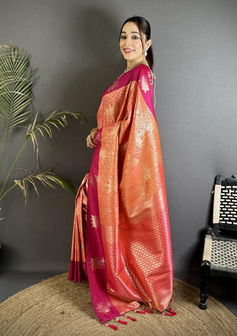 Orange Zari Weaving Silk Saree Set - Indya