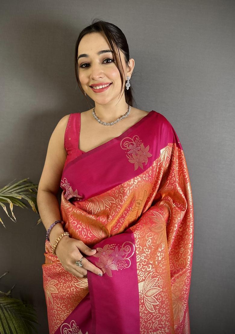 Orange Zari Weaving Silk Saree Set - Indya