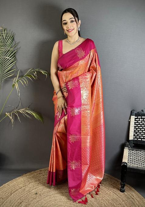 Orange Zari Weaving Silk Saree Set
