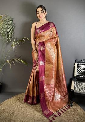Wine Zari Weaving Silk Saree Set