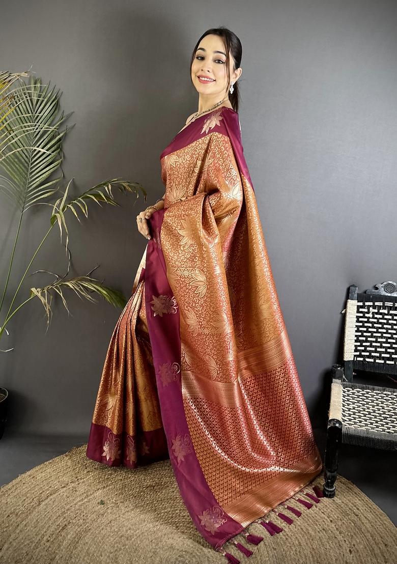 Wine Zari Weaving Silk Saree Set - Indya