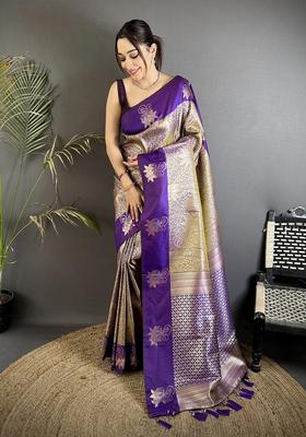 Purple Zari Weaving Silk Saree Set