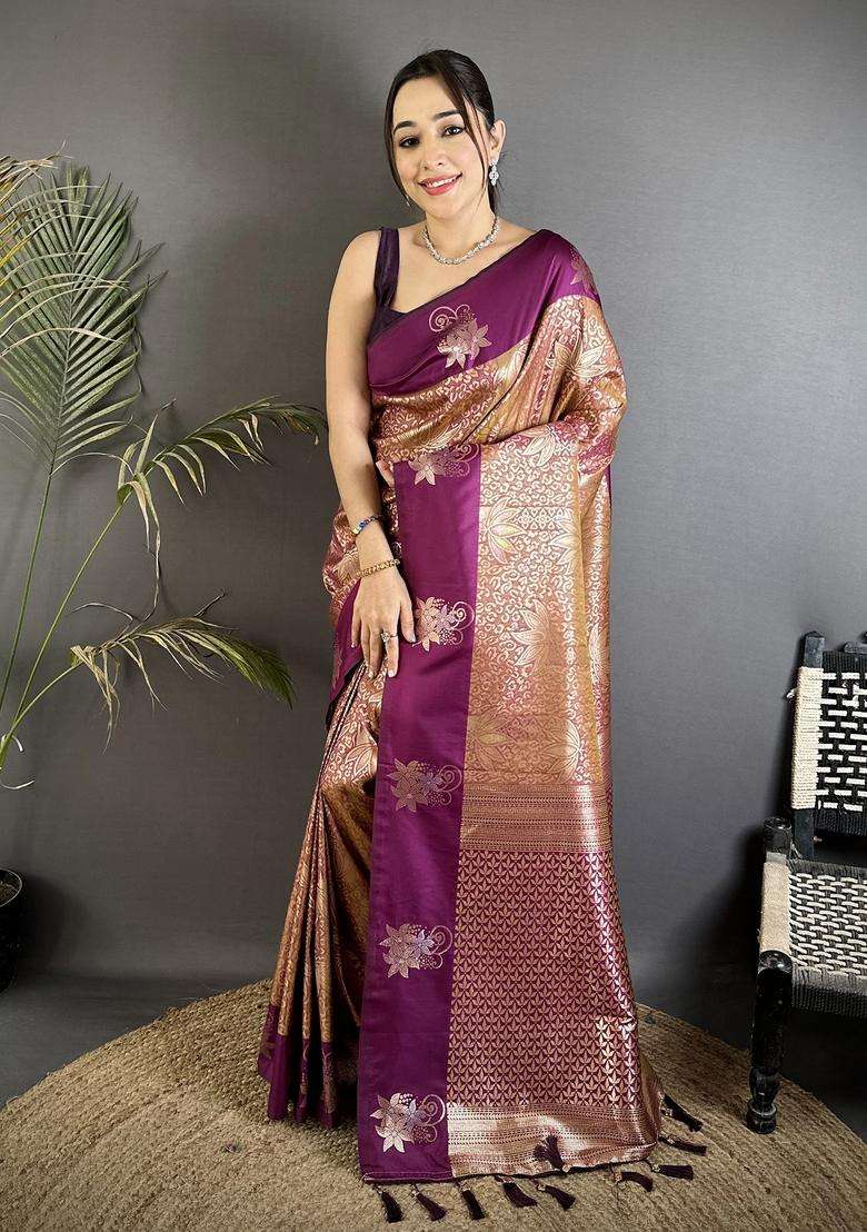 Wine Zari Weaving Silk Blend Saree Set for Diwali and Festive Wear - Indya