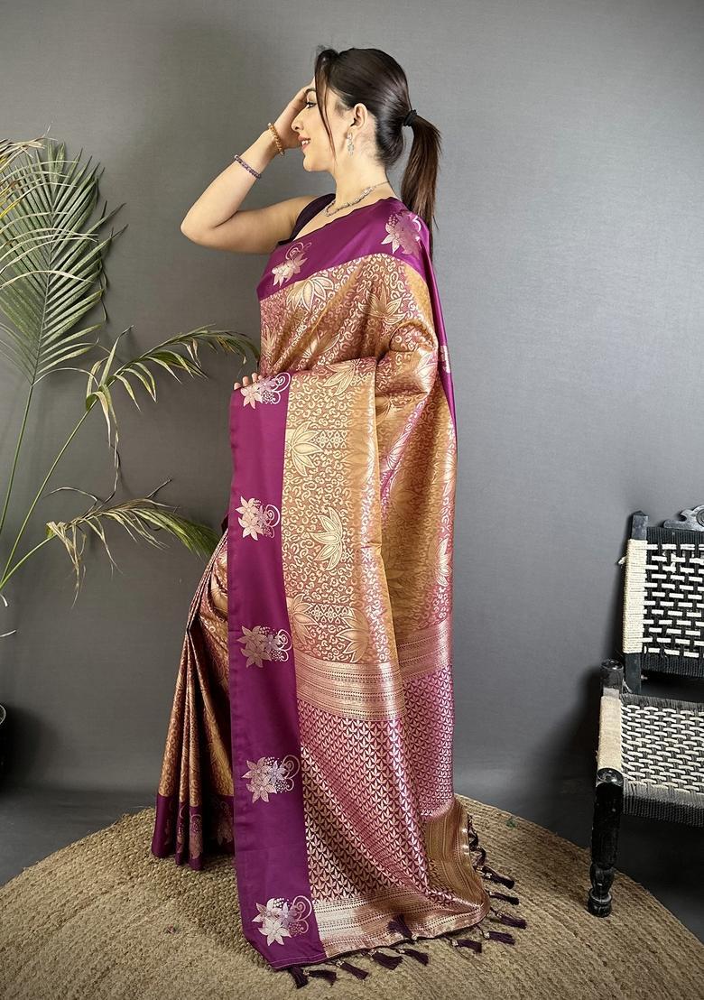 Wine Zari Weaving Silk Saree Set - Indya