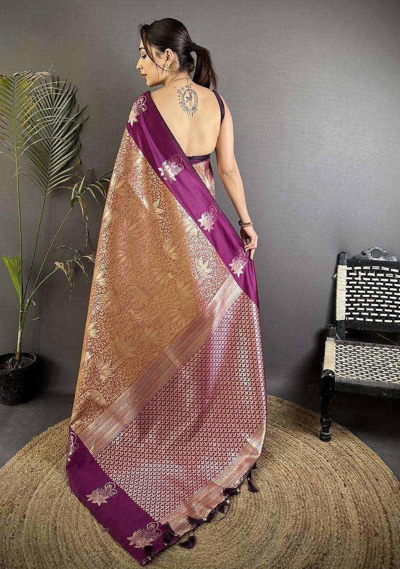 Wine Zari Weaving Silk Blend Saree Set for Diwali and Festive Wear - Indya