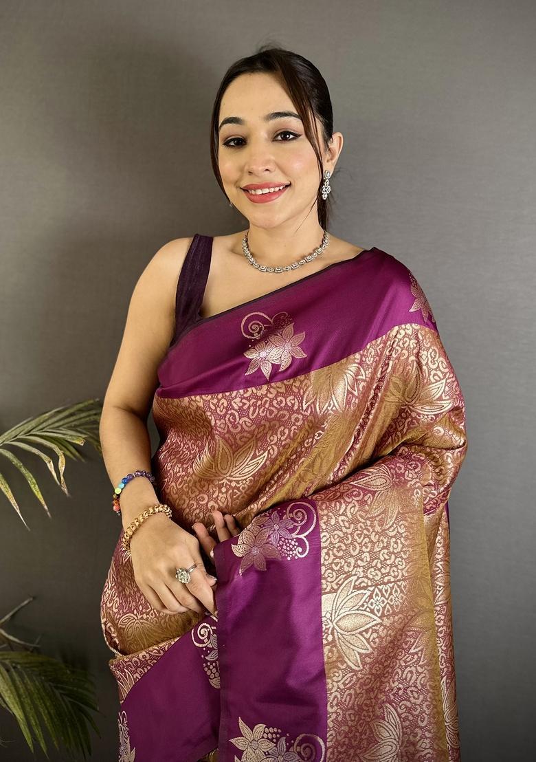 Wine Zari Weaving Silk Saree Set - Indya