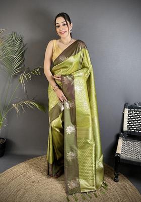 Dusty Green Zari Weaving Silk Saree Set