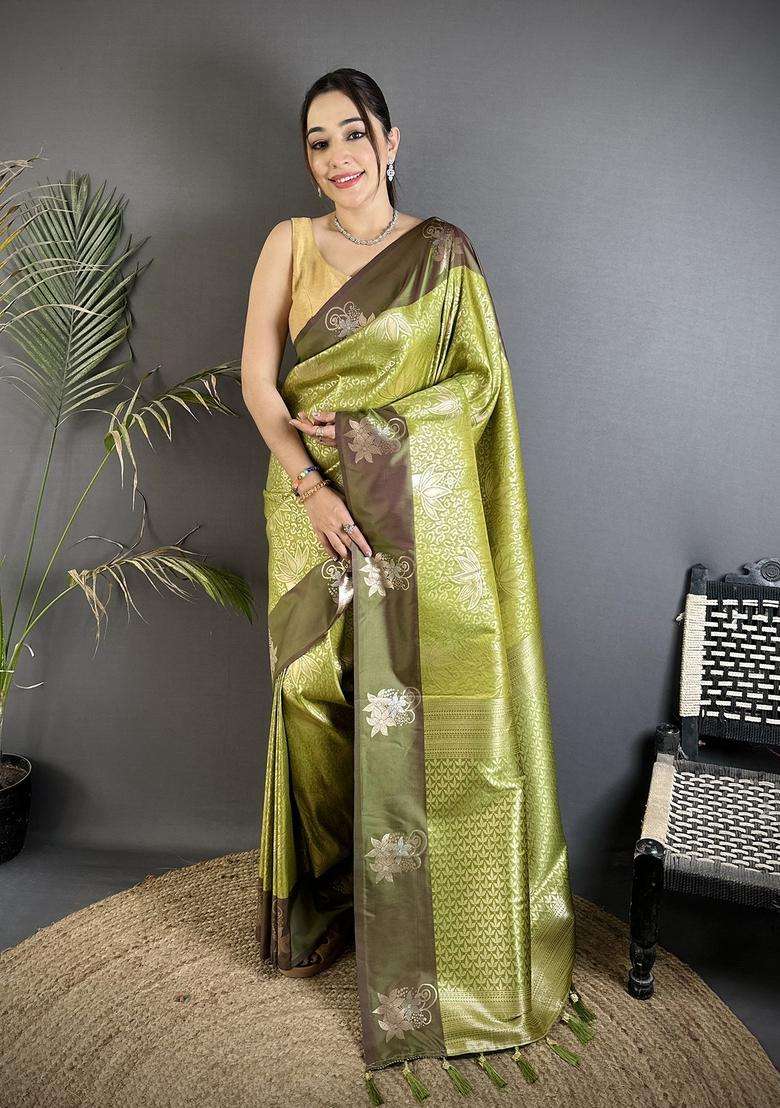 Dusty Green Zari Weaving Silk Blend Saree Set for Diwali and Festive Wear - Indya