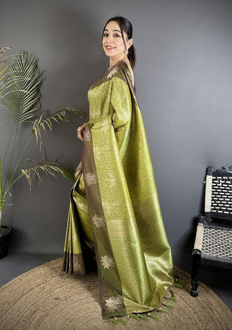 Dusty Green Zari Weaving Silk Saree Set - Indya