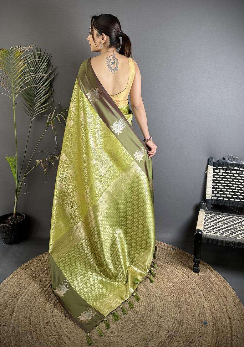 Dusty Green Zari Weaving Silk Blend Saree Set for Diwali and Festive Wear - Indya