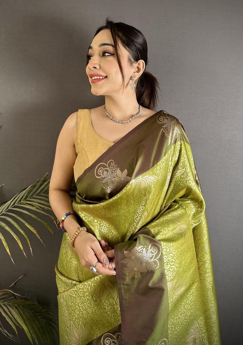 Dusty Green Zari Weaving Silk Saree Set - Indya