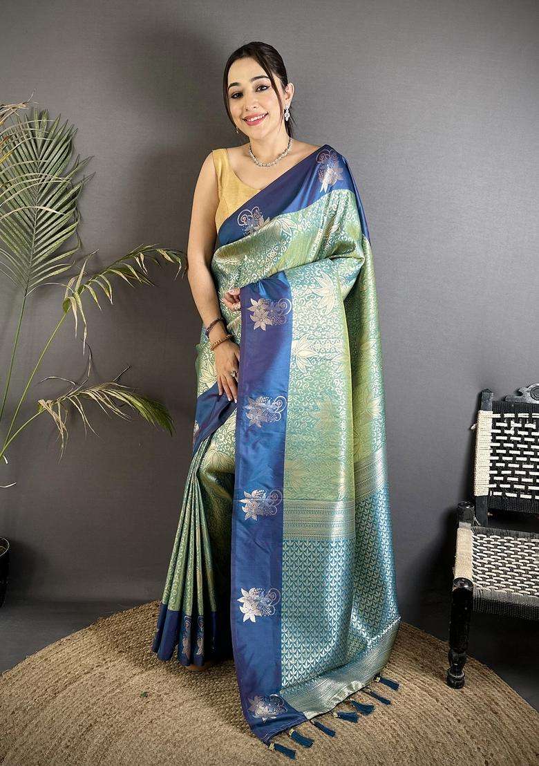 Pista Green Zari Weaving Silk Blend Saree Set for Diwali and Festive Wear - Indya