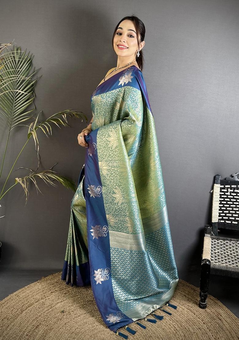 Pista Green Zari Weaving Silk Saree Set - Indya