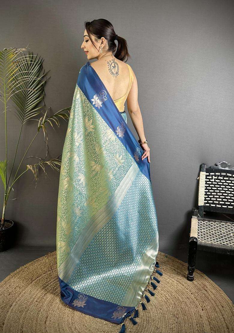 Pista Green Zari Weaving Silk Blend Saree Set for Diwali and Festive Wear - Indya