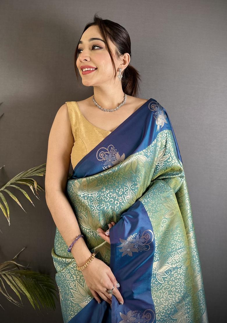 Pista Green Zari Weaving Silk Saree Set - Indya