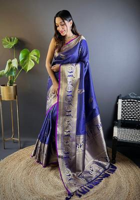 Royal Blue Motif Silk Saree Set