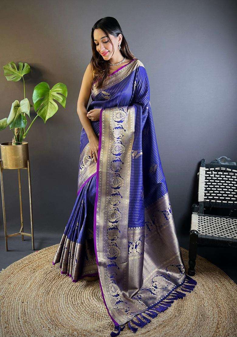Royal Blue Motif Silk Saree Set - Indya