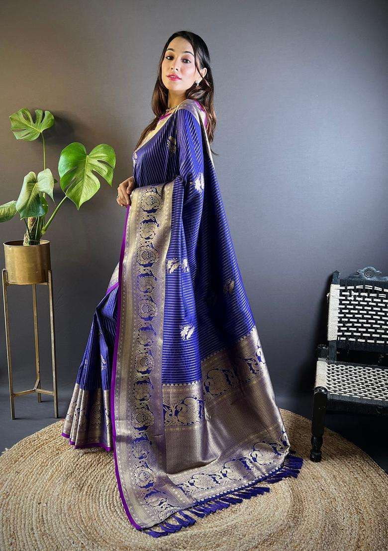 Royal Blue Motif Silk Saree Set - Indya