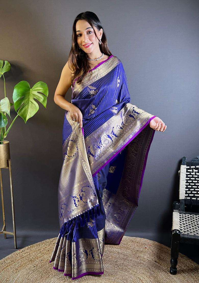 Royal Blue Motif Silk Saree Set - Indya