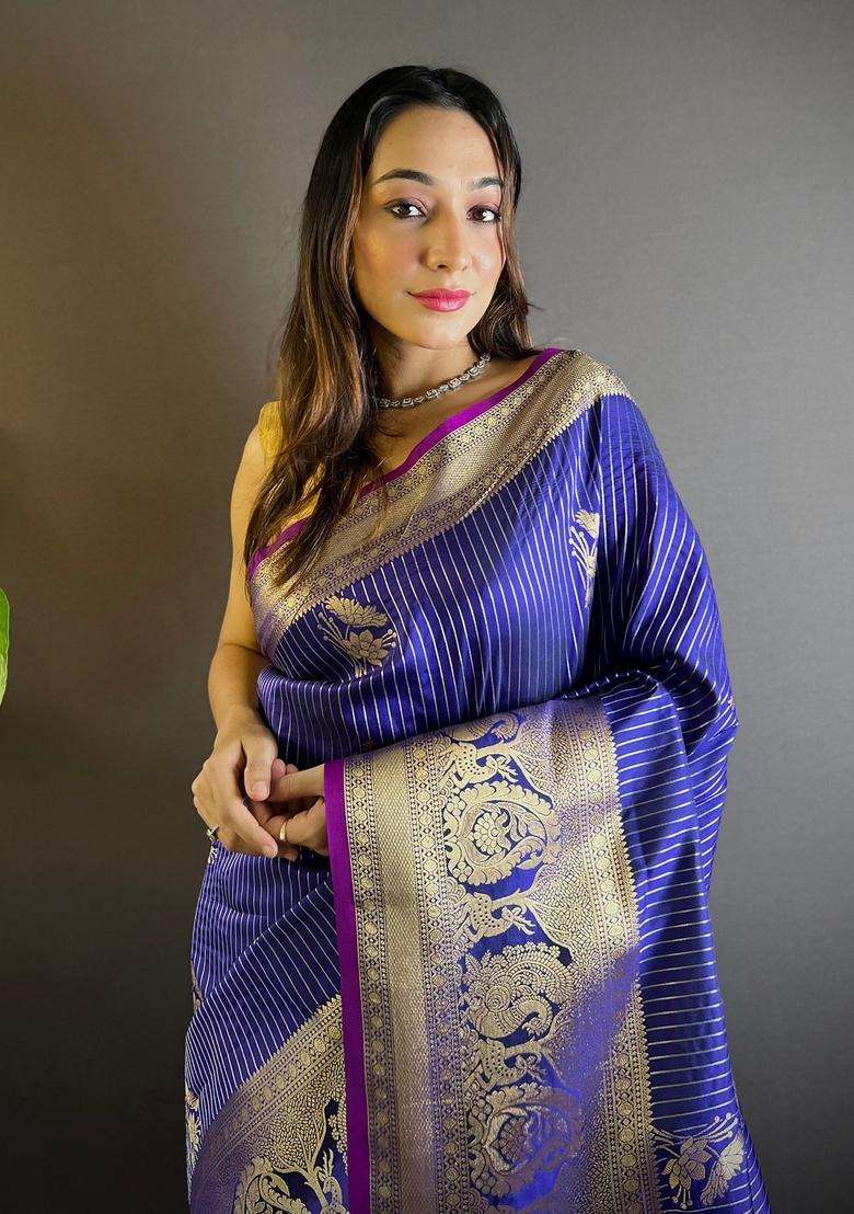 Royal Blue Motif Silk Saree Set - Indya