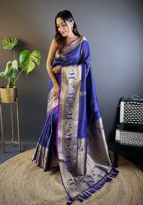 Royal Blue Motif Silk Saree Set