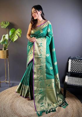 Green Motif Silk Saree Set