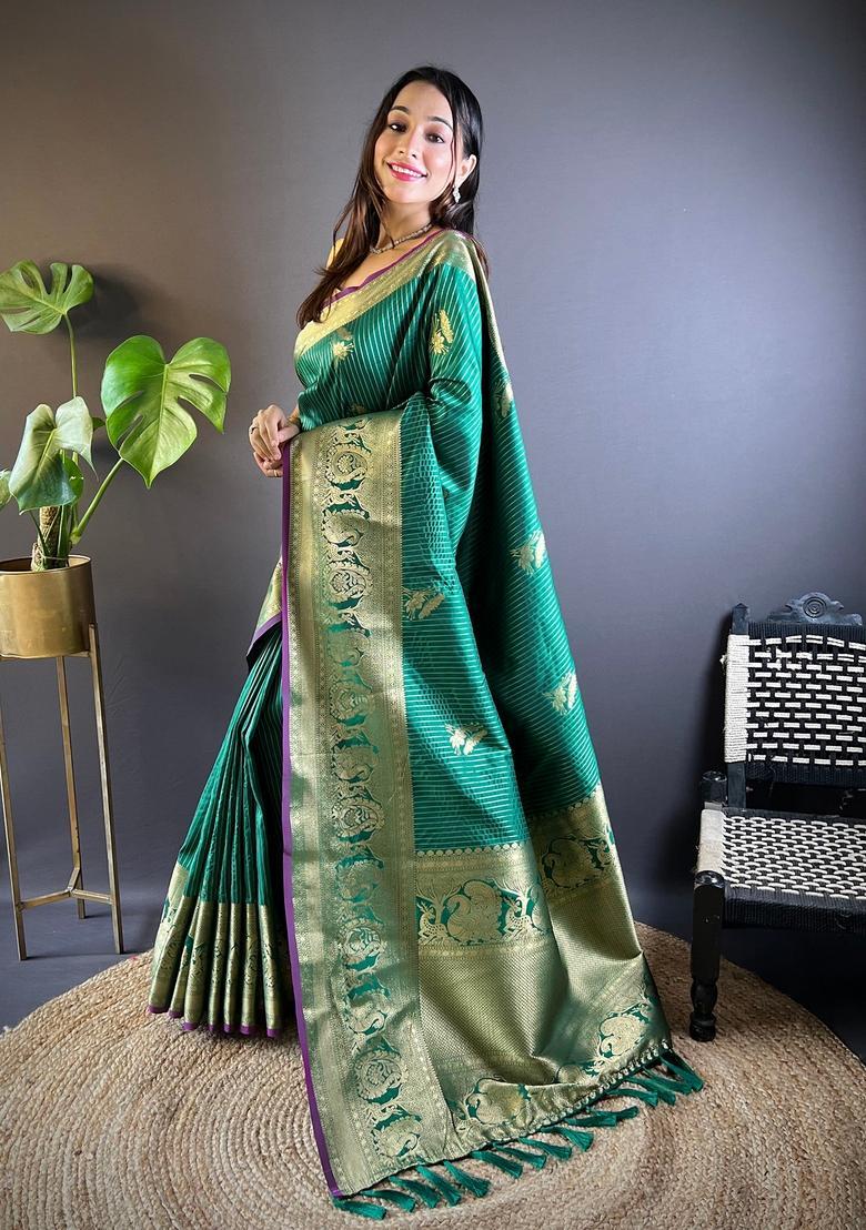 Green Motif Silk Saree Set - Indya
