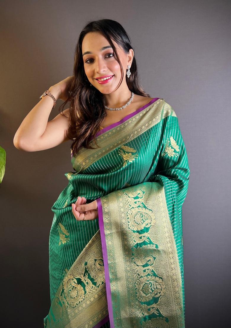 Green Motif Silk Saree Set - Indya