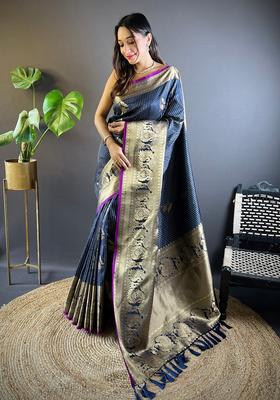 Navy Blue Motif Silk Saree Set