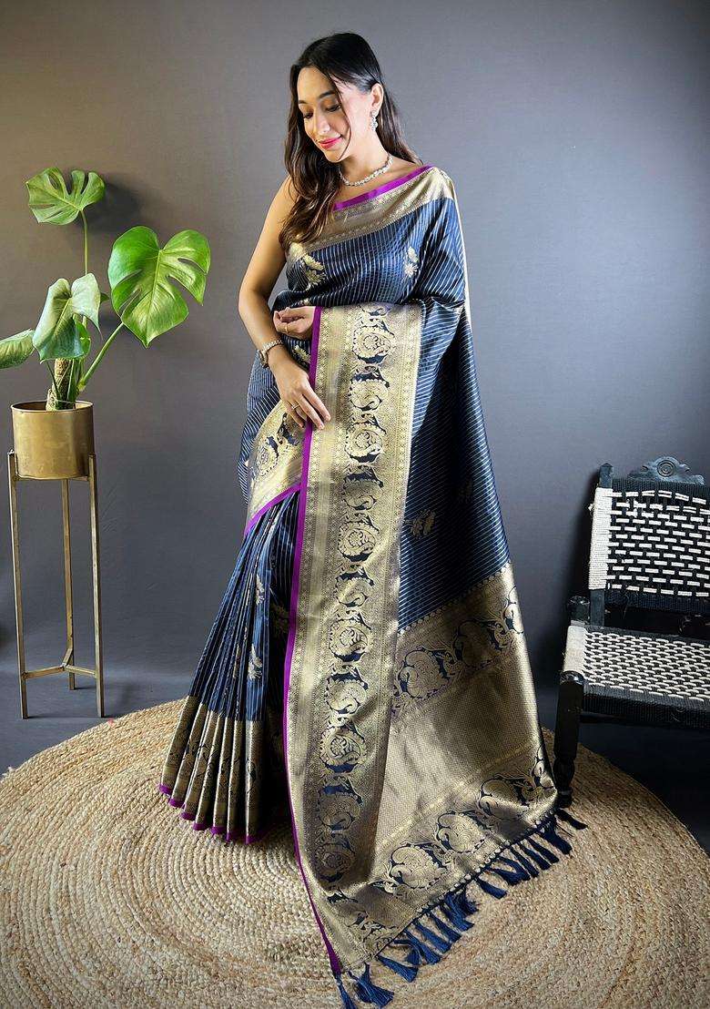Navy Blue Motif Silk Blend Saree Set for Diwali and Festive Wear - Indya