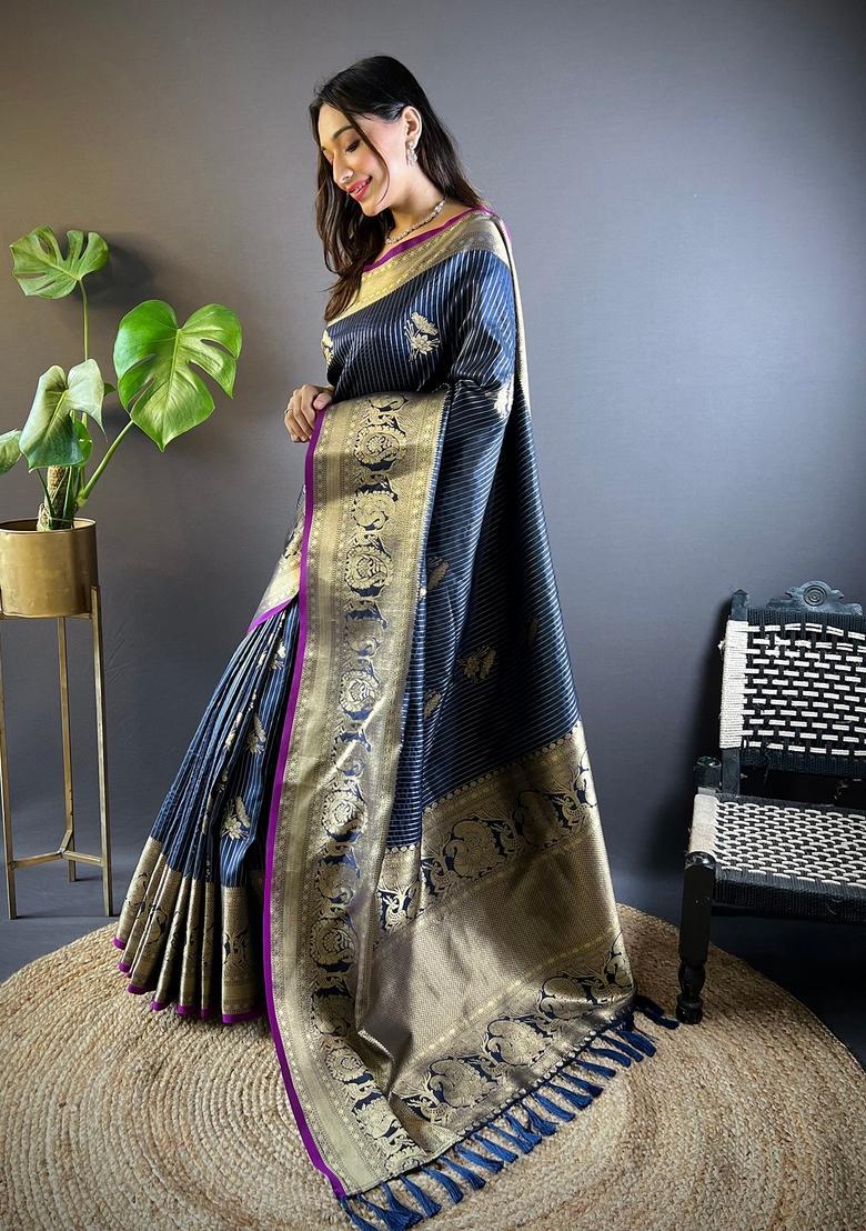 Navy Blue Motif Silk Saree Set - Indya