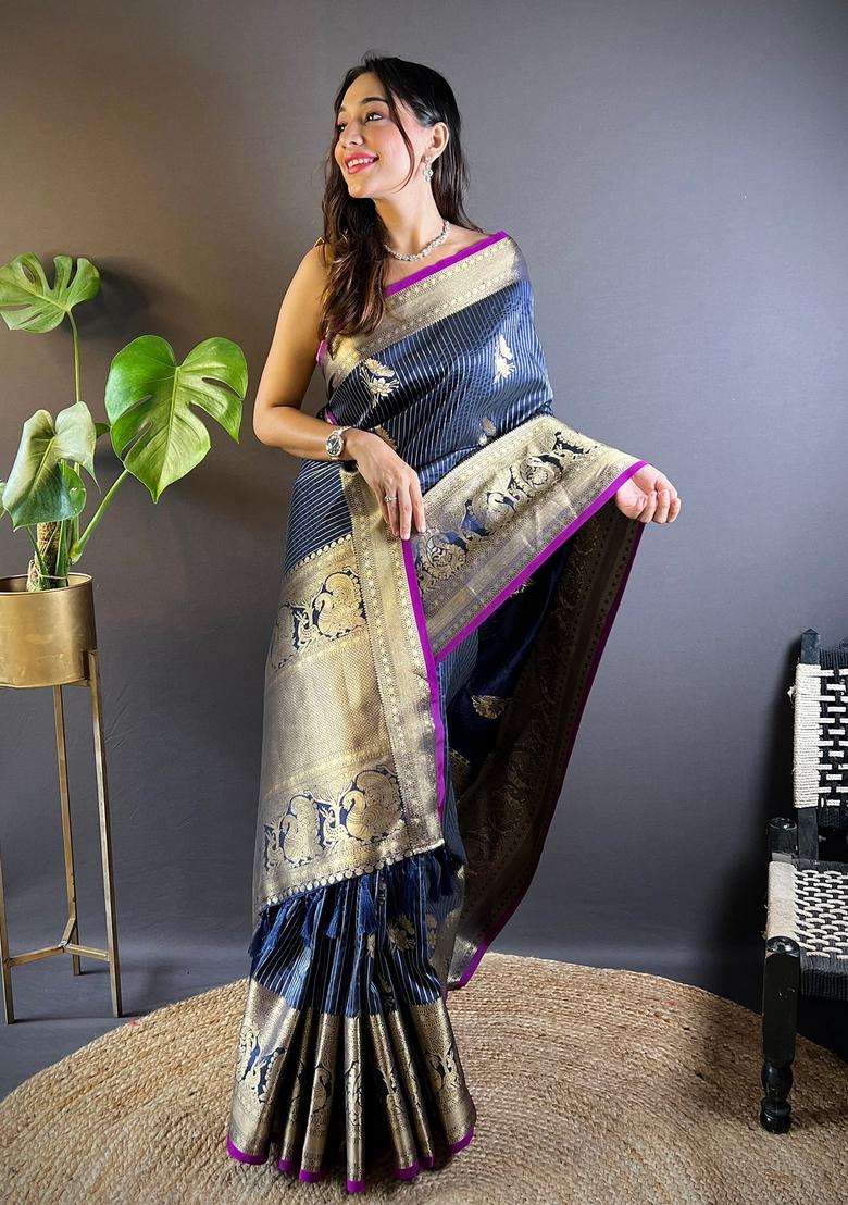 Navy Blue Motif Silk Blend Saree Set for Diwali and Festive Wear - Indya