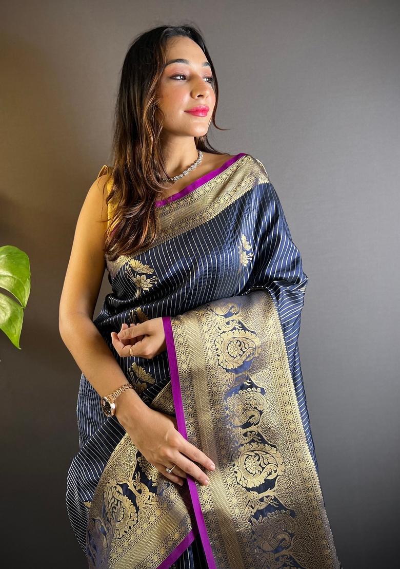 Navy Blue Motif Silk Saree Set - Indya